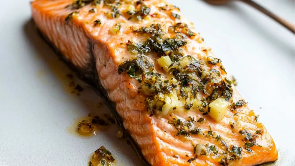 Flaky air fryer salmon fillets topped with garlic butter and parsley on a white plate.