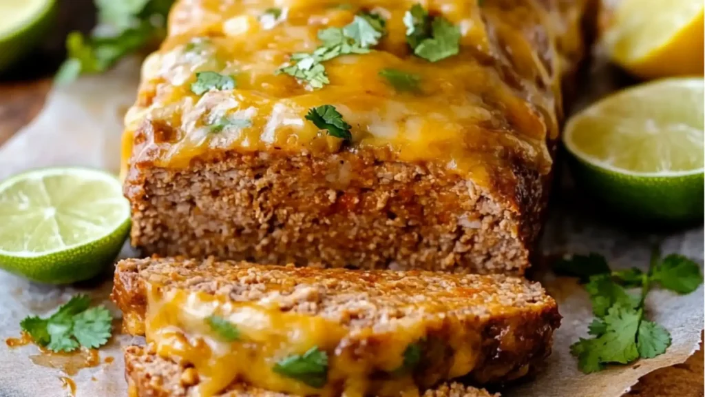 mexican meatloaf with sauce and green onions on top is cut in half to show the inside