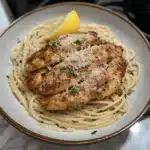 Romano Chicken with Lemon Garlic Pasta