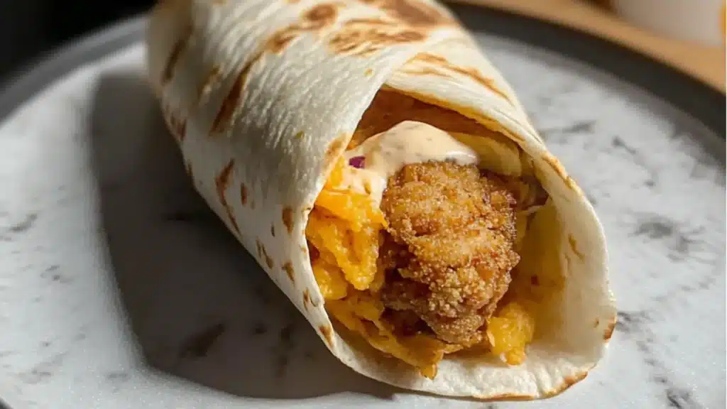 chicken wraps stacked on top of each other with limes and cilantro