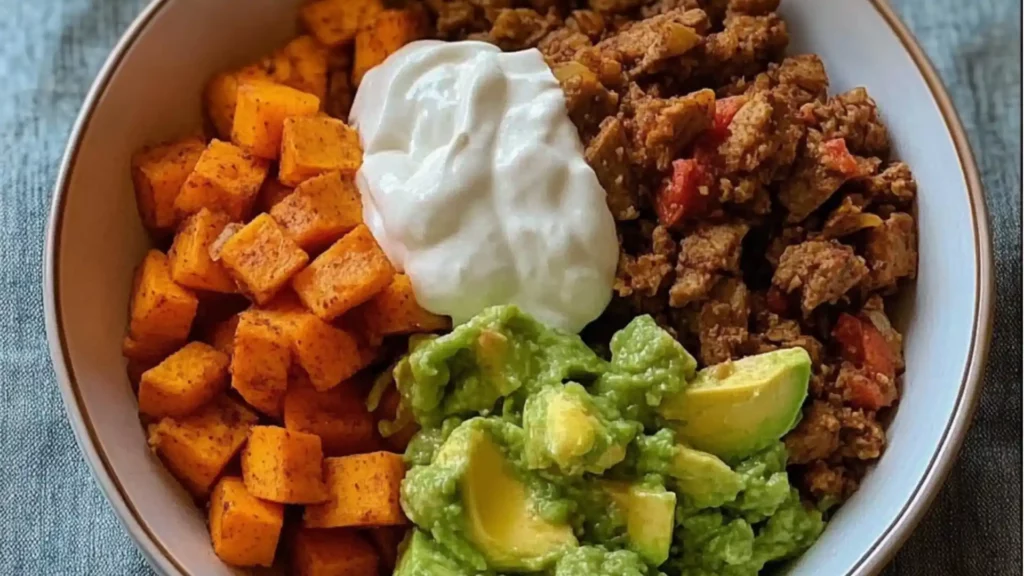 Sweet potato taco bowl with beans and corn