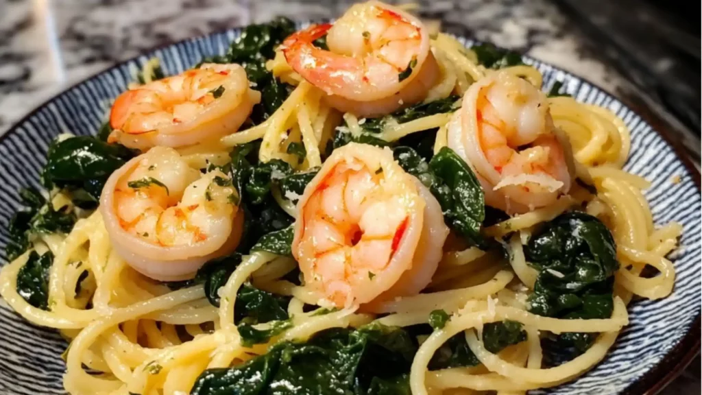 lemon garlic shrimp pasta with spinach is an easy and healthy dinner that's ready in less than 30 minutes