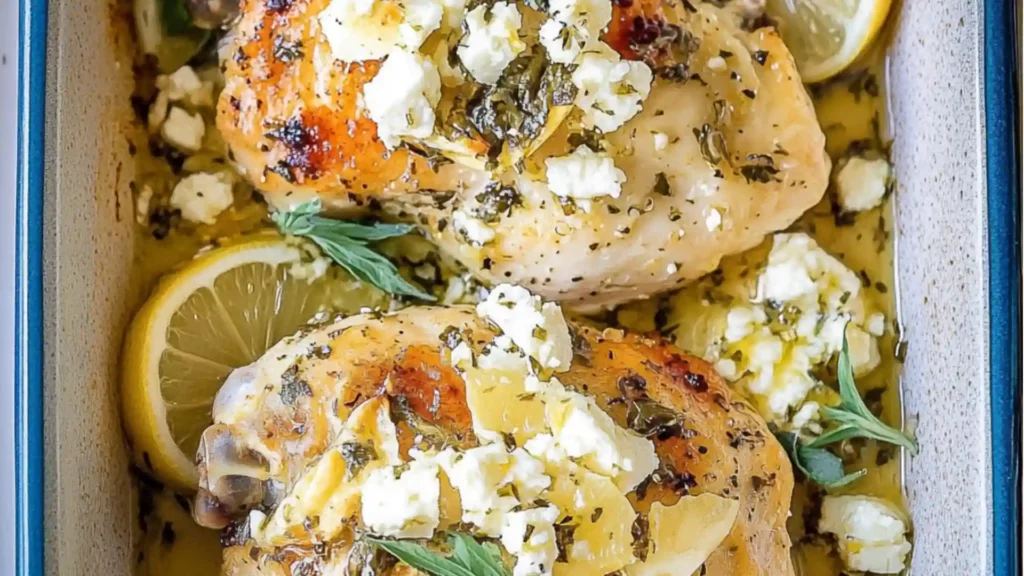 grilled lemon and feta chicken on a white platter with text overlay